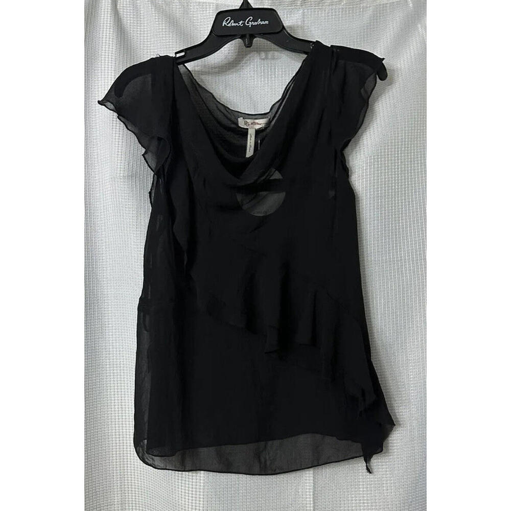 BCBGeneration Black Sheer Ruffle-Detail Cap Sleeve Top